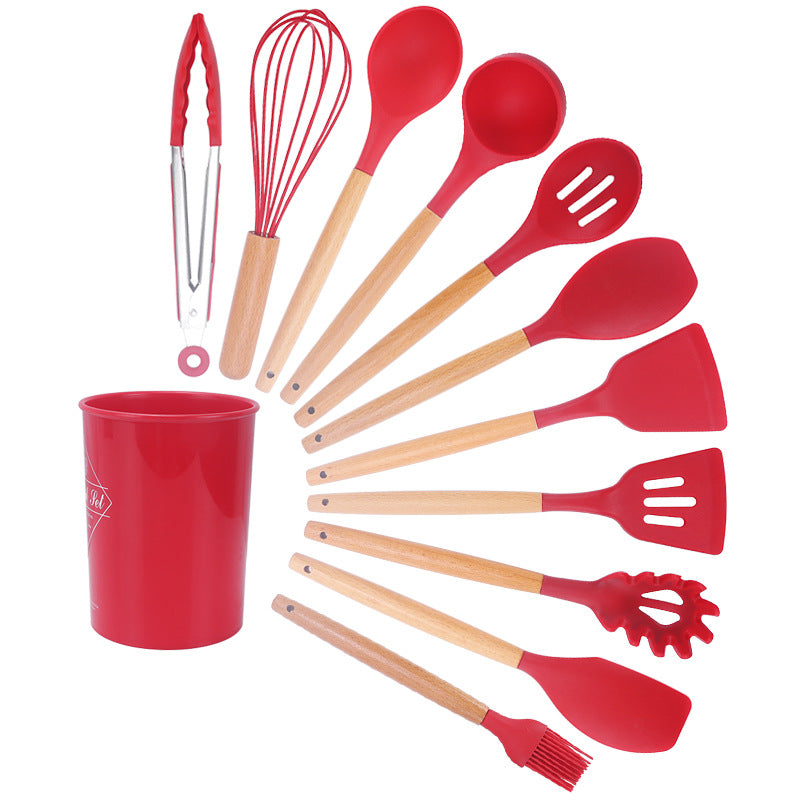 Juego de 11 Piezas de Utensilios de Cocina de Silicona con Mangos de Madera